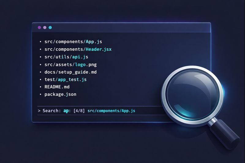 Terminal displaying fzf fuzzy finder interface with file list being filtered and search query highlighted